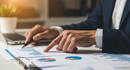 Teacher pointing at printed charts and graphs, dramatic side lighting, medium close-up photography for professional online teaching ads and academic presentations