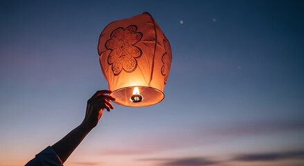 A person's hand holds a glowing orange sky lantern with floral patterns against a beautiful twilight sky.