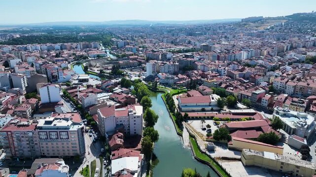 Drone footage of Eskisehir and porsuk stream - 4k view of Eskisehir
