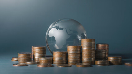 Global finance system concept. Crystal Globe on stack coins, Economy financial banking, money exchange transfer international, inflation and tax, interest rate, business, finance and investment