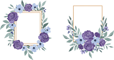 Purple flowers and green leaves in gold frames on white background on transparent background