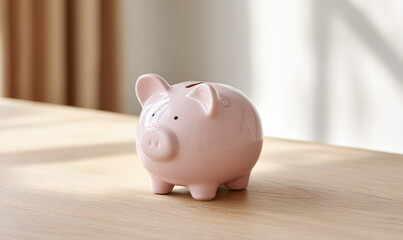 Pink ceramic piggy bank sitting on wooden table soft natural light minimalist background saving money concept financial planning. generative aI