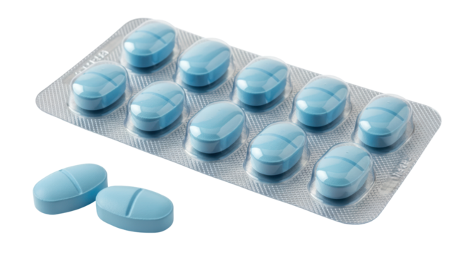Isolated blue pills in blister pack