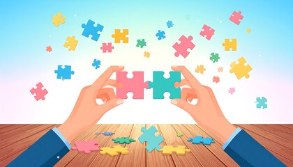 Two hands connect two puzzle pieces, other pieces scattered on a wooden table and floating in the air