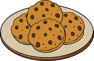Delicious chocolate chip cookies on a plate flat vector illustration
