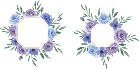 Three floral arrangements with purple and blue roses and green leaves on white background on transparent background