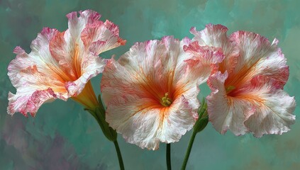 Three delicate flowers, peach and white, ruffled petals, teal background