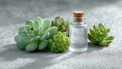 Small glass bottle of clear liquid sits among several succulents on a gray surface