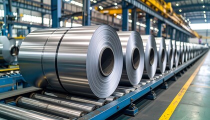 Naklejka premium Shiny metal coils on a factory conveyor belt
