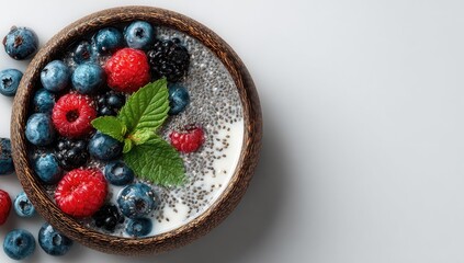 Wooden bowl filled with chia seed pudding, topped with fresh berries and mint