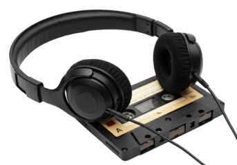 Isolated Retro Black Cassette Tape with Headphones for Music Listening, Audio Equipment