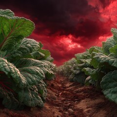 Lush green plants in a field under a dramatic red sky