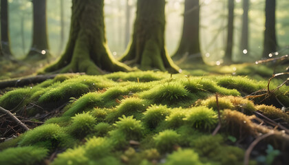 Low-angle view of lush, green moss covering a forest floor among trees. Dew or rain droplets glow in the sunlight filtering through the canopy.