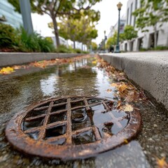 City street drain overflowing with autumn leaves and rainwater