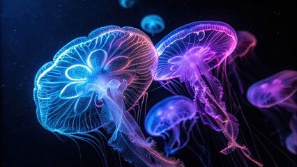 Fototapeta premium neon life form design Glowing jellyfish gracefully swim in dark waters, showcasing vibrant colors and delicate textures.