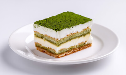 Creamy matcha tiramisu dessert with vibrant green tea powder topping layered classic Italian sweet with Japanese flavor fusion. generative aI