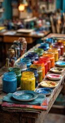 Vibrant paint jars arranged on a rustic wooden table