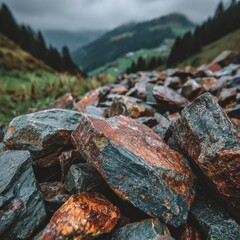 Close-up of a pile of dark, reddish-brown rocks, blurred mountain background