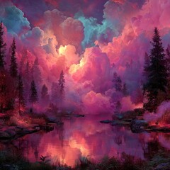 Dreamlike forest scene with vibrant pink and teal clouds reflected in a calm lake