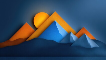 Abstract paper-cut mountainscape at sunset