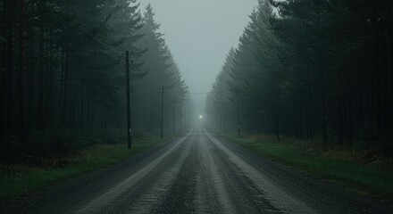 Dreamlike liminal space, a long straight gravel road cutting through a dense pine forest, thick fog obscuring the end, a strange unnatural glow in the distance, telephone lines sagging between poles.