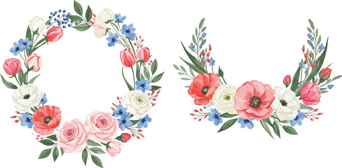 A floral wreath and bouquet of colorful flowers with green leaves on white background on transparent background