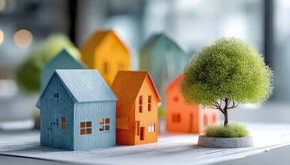 Colorful miniature houses and a small tree on papers