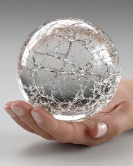 A hand gently cradles a crystal ball with a delicate, web-like crack pattern