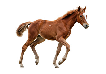 Obraz premium Isolated reddish-brown foal cantering across a plain, full body in motion with its tail flowing