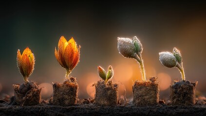 Stages of plant growth in soil, backlit