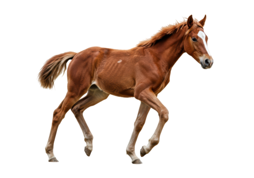 Isolated reddish-brown foal cantering across a plain, full body in motion with its tail flowing