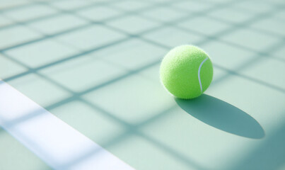 Bright tennis court with yellow tennis ball casting net shadows dynamic outdoor sports scene focused on ball close-up. generative aI