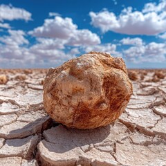 A weathered, round rock rests on cracked, pale earth under a vivid blue sky with fluffy clouds