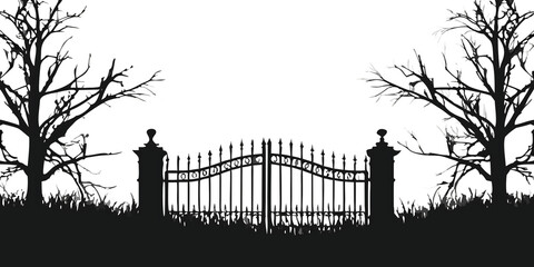Silhouette graveyard gate with dead trees isolated on a transparent background cemetery