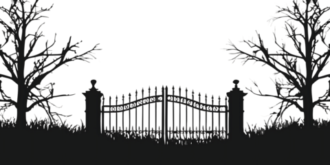 Silhouette graveyard gate with dead trees isolated on a transparent background cemetery