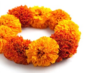 Marigold ring A vibrant circle of deep orange and yellow marigold flowers densely packed on a plain white background