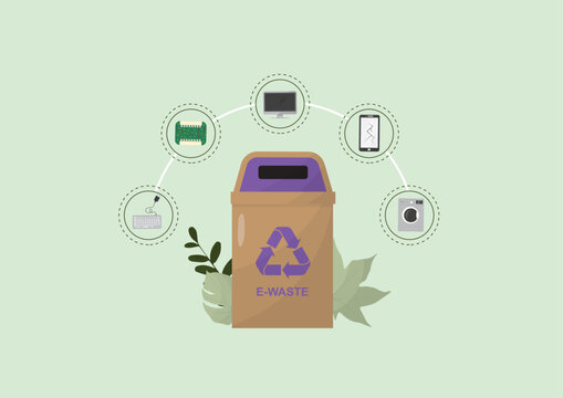 Electronic Waste Categories with Recycling Bin. e-waste recycling bin with icons showing different electronic device categories for proper waste sorting. E Waste Trash Bin. Flat. Vector illustration