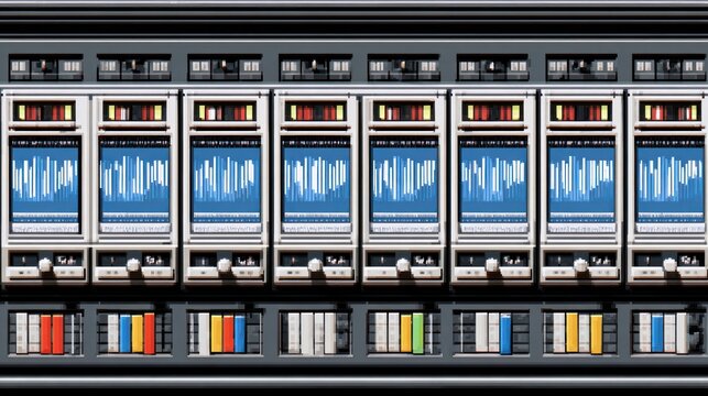 Rows of electronic panels with blue waveform displays and colorful indicators, arranged in a symmetrical, technological setup