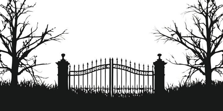 Fototapeta Silhouette graveyard gate with dead trees isolated on a transparent background cemetery