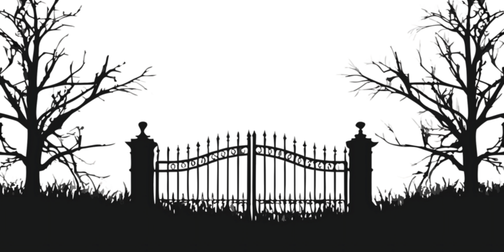 Silhouette graveyard gate with dead trees isolated on a transparent background cemetery