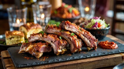 Portuguese piri piri glazed pork ribs on slate platter with caramelized edges and fresh herb garnish in restaurant setting