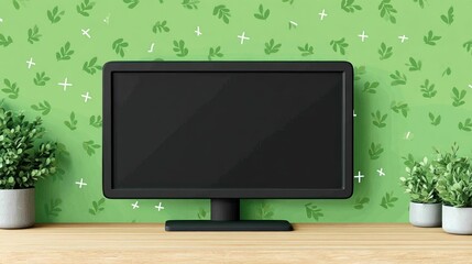 Monitor on desk before leafy patterned wall