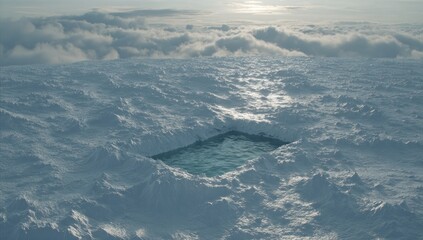 Azure pool within a snow-covered landscape under cloudy skies