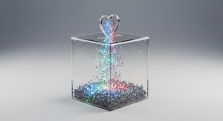 Vibrant glowing particles falling into a clear acrylic donation or wishing box with a heart-shaped slot, isolated on a clean grey background.