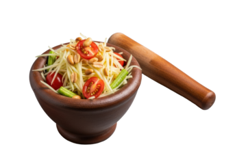 Vibrant green papaya salad (Som Tum) with tomatoes, peanuts, lime dressing in clay mortar, wooden pestle, transparent background, appetizing Thai food concept