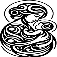 Obraz premium Motherhood's Embrace: A tender illustration portraying a mother cradling her infant, their forms interwoven in a symbolic dance of love and protection. 