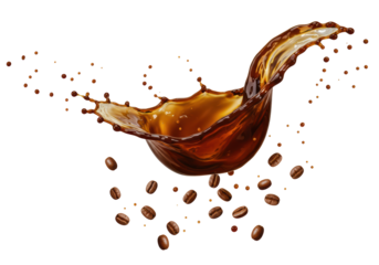 Isolated coffee splash with many coffee beans, refreshment caffeine drink concept still life