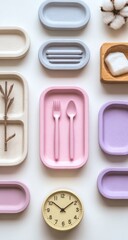 Arranged flatlay of varied objects dishes, utensils, cotton flower, twig branch, and a clock, on a white background
