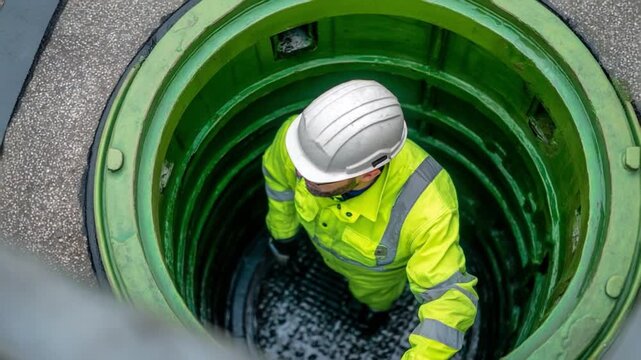 Industrial Inspection: An industrial worker in a bright safety outfit descends into a cylindrical, underground inspection chamber, ready for maintenance.
