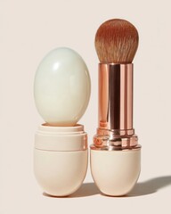 Powder brush, closed and open, in a capsule design, standing against a creamy backdrop